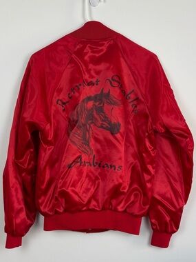 Vintage 80s Red Satin Graphic Bomber Jacket with Horse Stable Design size Small